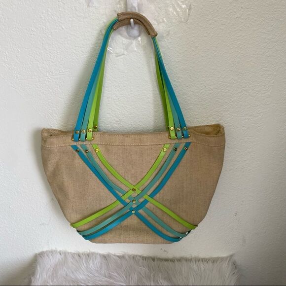 Crocs Huarache Tan Green Blue Strappy Hemp Canvas Tote Bag - Picture 3 of 14